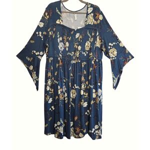 American Rag Womens 2X Floral Smocked Square Neck Bell Sleeve Dress Teal NWT